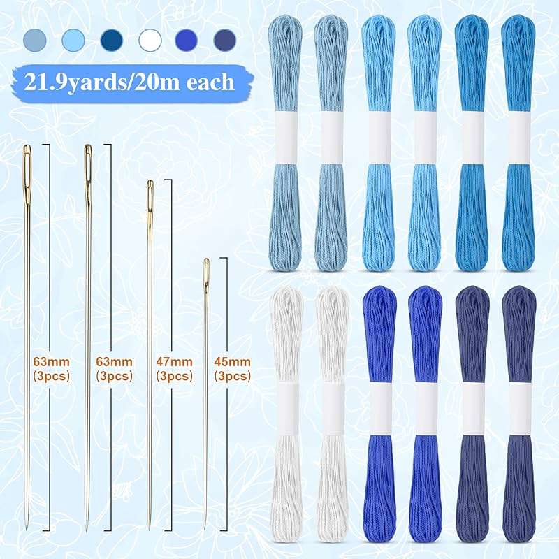 46 Pcs Sashiko Thread Kit - Skeins Blue Sashiko Thread,Sashiko Needles,Sashiko Patterns,Embroidery Projects for Sewing Hand Quilting Mending Supplies - Image 3