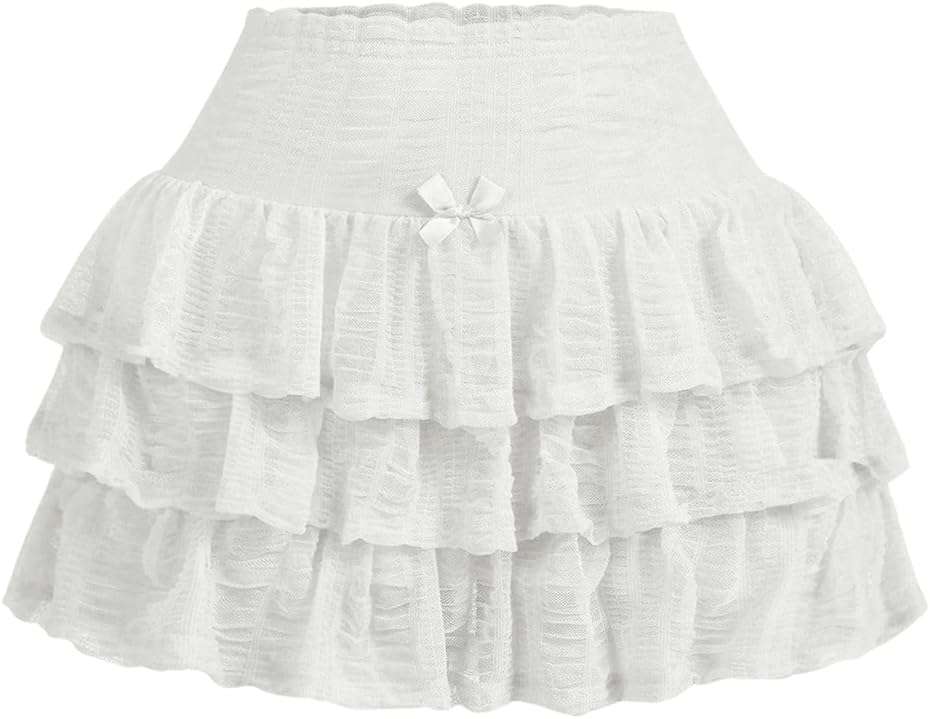 EnchantingEssence Women's Mini Skirt with Shorts Y2K Ruffle Skirt Bow Cute Cake Skort Layered Ruched Pleated Tiered Skirts - Image 1