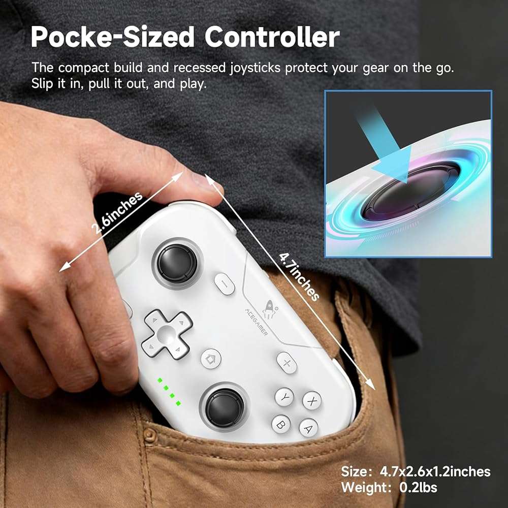 AceGamer Wireless Pocket Controller for Nintendo Switch/Switch 2/Android/iOS/PC/Steam Deck/Phone,1000Hz Polling Rate, Bluetooth Controller with Lift-and-Lock Joysticks/6-Axis Gyroscope/Turbo/Vibration (Black) - Image 2