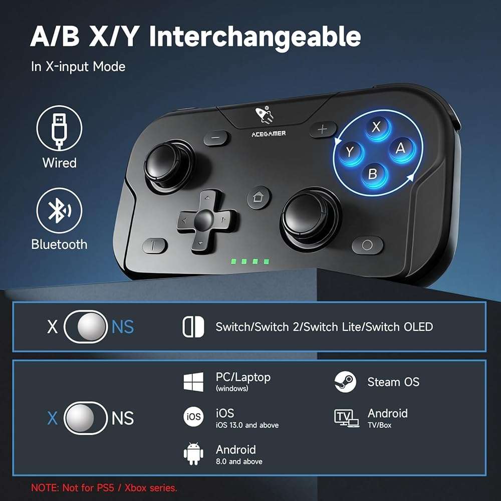 AceGamer Wireless Pocket Controller for Nintendo Switch/Switch 2/Android/iOS/PC/Steam Deck/Phone,1000Hz Polling Rate, Bluetooth Controller with Lift-and-Lock Joysticks/6-Axis Gyroscope/Turbo/Vibration (Black) - Image 4