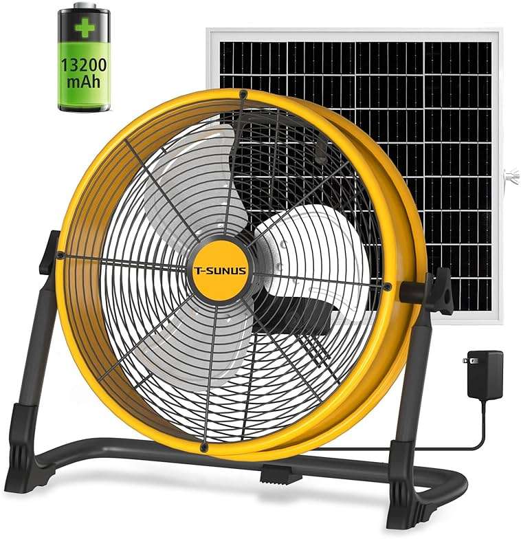 T-SUNUS 12" Solar Powered Floor Fan, Rechargeable Battery Battery Powered Fans 13200mAh & 20W Panel, 1500 CFM Metal Cordless Fan, 4.5–27H Runtime for Outside Camping Garage Greenhouse Power Outage - Image 1