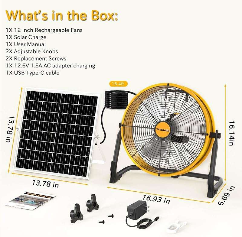 T-SUNUS 12" Solar Powered Floor Fan, Rechargeable Battery Battery Powered Fans 13200mAh & 20W Panel, 1500 CFM Metal Cordless Fan, 4.5–27H Runtime for Outside Camping Garage Greenhouse Power Outage - Image 2