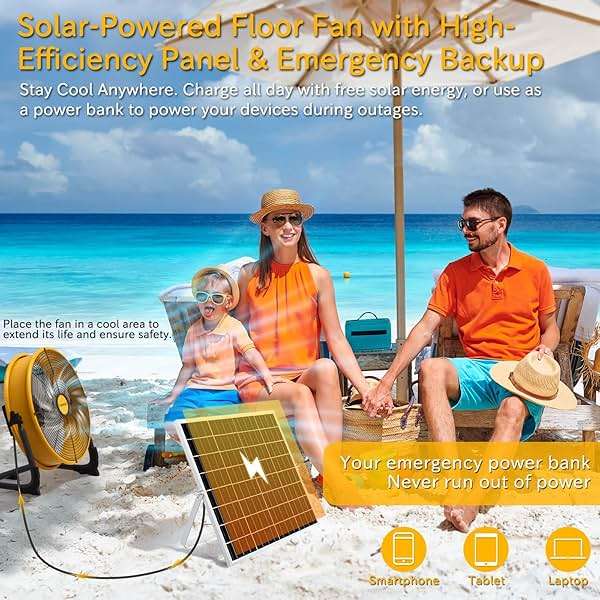 T-SUNUS 12" Solar Powered Floor Fan, Rechargeable Battery Battery Powered Fans 13200mAh & 20W Panel, 1500 CFM Metal Cordless Fan, 4.5–27H Runtime for Outside Camping Garage Greenhouse Power Outage - Image 5