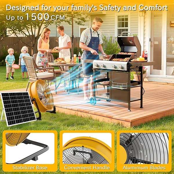 T-SUNUS 12" Solar Powered Floor Fan, Rechargeable Battery Battery Powered Fans 13200mAh & 20W Panel, 1500 CFM Metal Cordless Fan, 4.5–27H Runtime for Outside Camping Garage Greenhouse Power Outage - Image 6