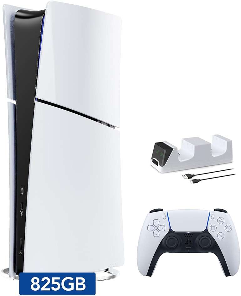 PlayStation 5 Slim Digital Edition Console, Controller and Mytrix Controller Charger - White, Slim PS5 825GB PCIe SSD Gaming Console - Image 1