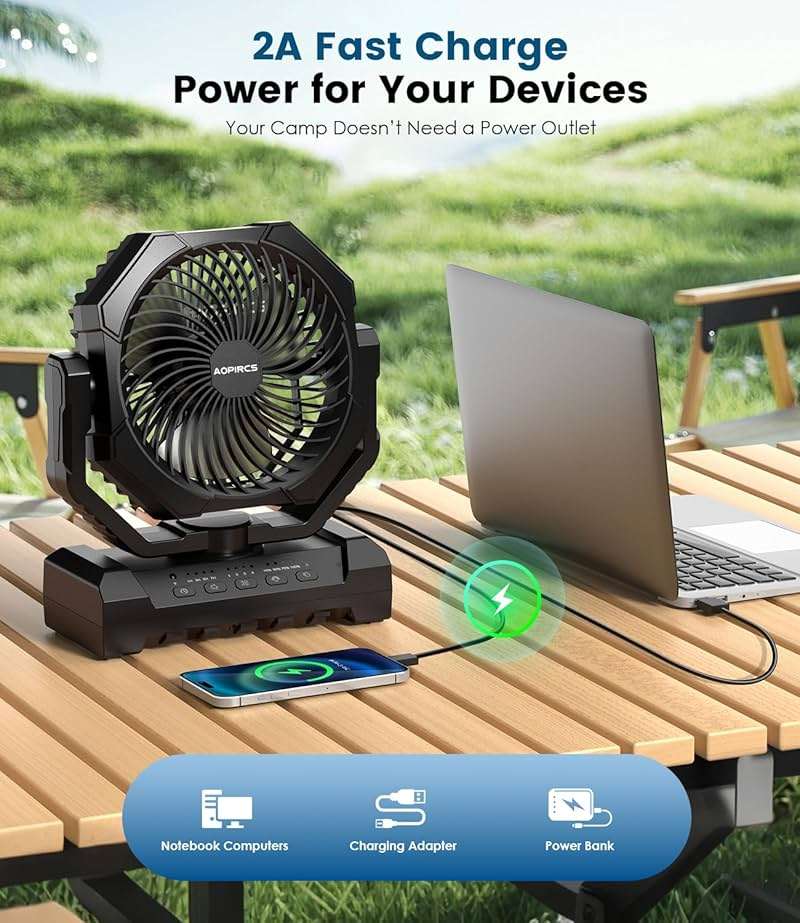 Camping Fan Rechargeable, 60H Long-Lasting Battery Powered Fan - 4 Speeds, 3 Light, Timer, Sleep Mode, Hook, Portable Fans for Camping Gear, Travel Essentials, Tent, RV, Outdoor, Garage, Emergency - Image 5