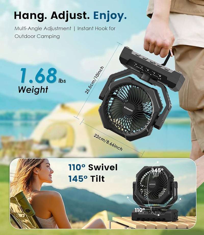 Camping Fan Rechargeable, 60H Long-Lasting Battery Powered Fan - 4 Speeds, 3 Light, Timer, Sleep Mode, Hook, Portable Fans for Camping Gear, Travel Essentials, Tent, RV, Outdoor, Garage, Emergency - Image 6