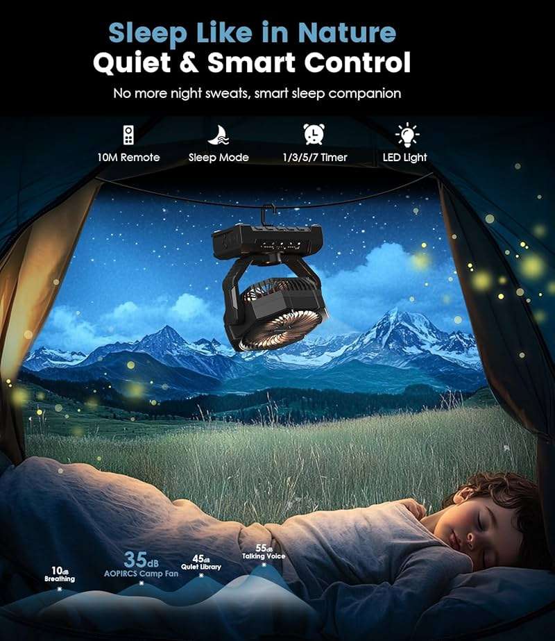 Camping Fan Rechargeable, 60H Long-Lasting Battery Powered Fan - 4 Speeds, 3 Light, Timer, Sleep Mode, Hook, Portable Fans for Camping Gear, Travel Essentials, Tent, RV, Outdoor, Garage, Emergency - Image 7