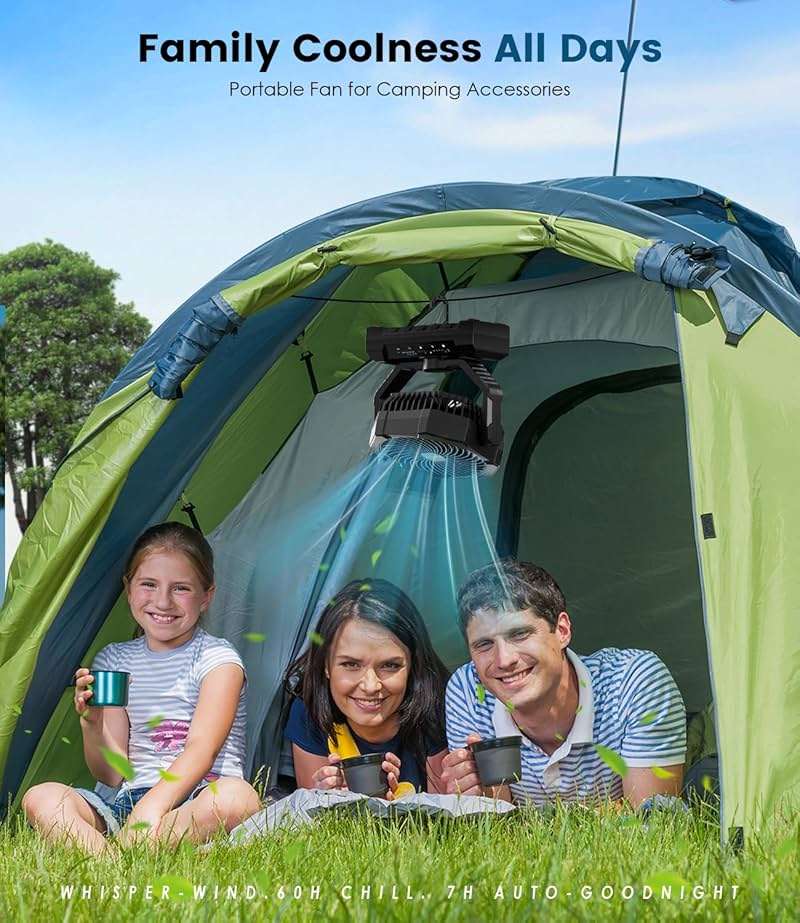 Camping Fan Rechargeable, 60H Long-Lasting Battery Powered Fan - 4 Speeds, 3 Light, Timer, Sleep Mode, Hook, Portable Fans for Camping Gear, Travel Essentials, Tent, RV, Outdoor, Garage, Emergency - Image 8