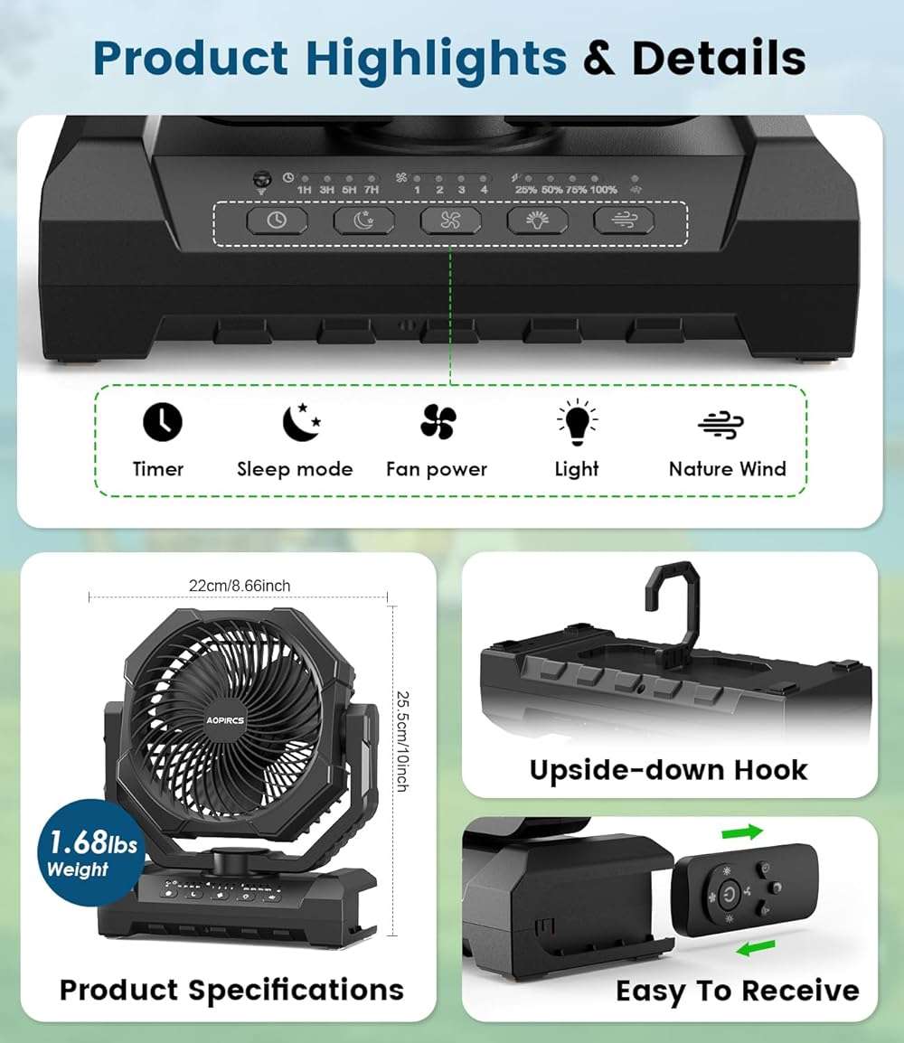 Camping Fan Rechargeable, 60H Long-Lasting Battery Powered Fan - 4 Speeds, 3 Light, Timer, Sleep Mode, Hook, Portable Fans for Camping Gear, Travel Essentials, Tent, RV, Outdoor, Garage, Emergency - Image 9