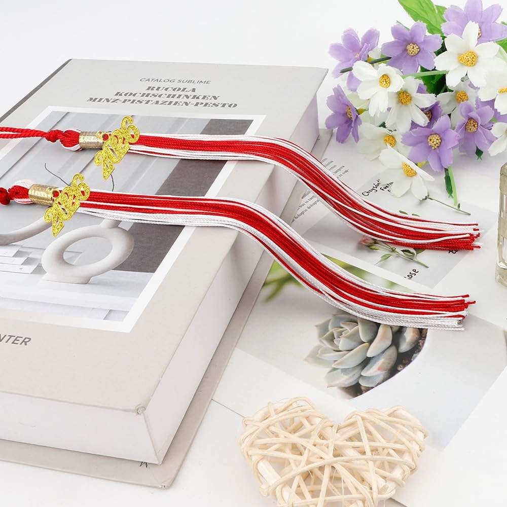 2026 Tassel Graduation, 2 Pcs Graduation Tassel 2026, 2026 Tassels, Graduate Cap Tassels with 2026 Gold Charm for Graduations Cap Graduate Hat Decorations Ceremonies Accessories, Red and White - Image 2
