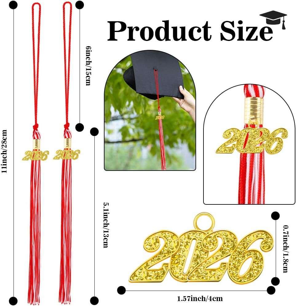 2026 Tassel Graduation, 2 Pcs Graduation Tassel 2026, 2026 Tassels, Graduate Cap Tassels with 2026 Gold Charm for Graduations Cap Graduate Hat Decorations Ceremonies Accessories, Red and White - Image 3