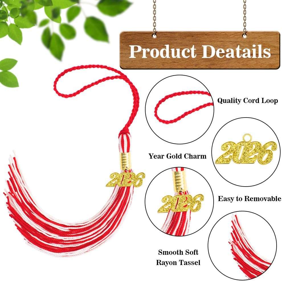 2026 Tassel Graduation, 2 Pcs Graduation Tassel 2026, 2026 Tassels, Graduate Cap Tassels with 2026 Gold Charm for Graduations Cap Graduate Hat Decorations Ceremonies Accessories, Red and White - Image 4