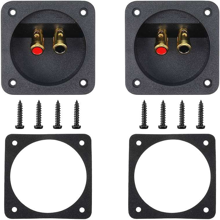 2 Pcs 3.1 Inch Square 2-Way Speaker Box Terminal Cup Double Binding Round Gold Plate Push Spring Loaded Jacks Speaker Terminal Binding Post Cup Connector with Sponge Cushion and Mounting Screws - Image 1