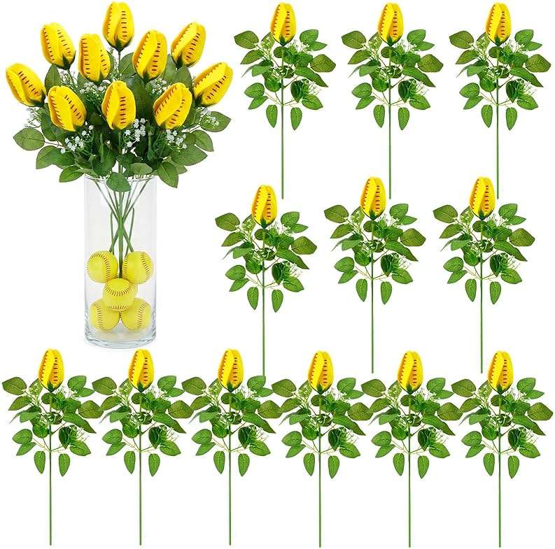 Juinte 12 Pcs Softball Rose with Leaves Bulk Artificial Fake Flower Decor Sports Flower Bouquet Gifts for Table Centerpieces for Coach Team Player Fans Sports Theme Party Favors - Image 1