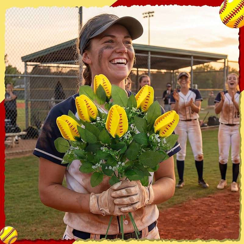 Juinte 12 Pcs Softball Rose with Leaves Bulk Artificial Fake Flower Decor Sports Flower Bouquet Gifts for Table Centerpieces for Coach Team Player Fans Sports Theme Party Favors - Image 2
