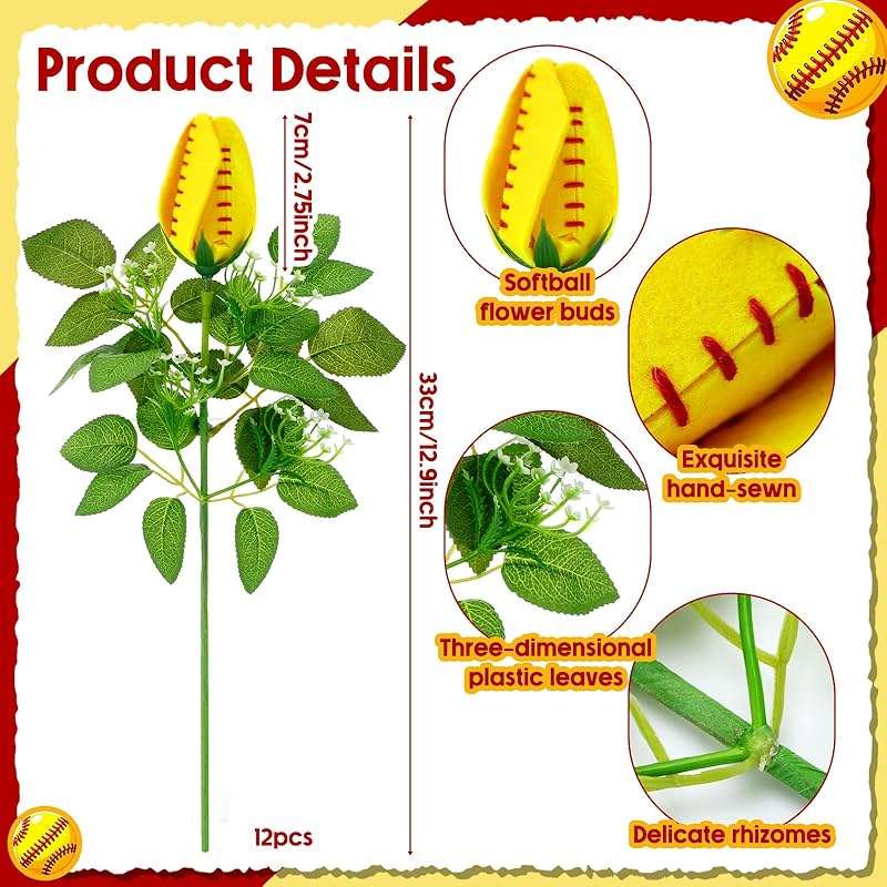 Juinte 12 Pcs Softball Rose with Leaves Bulk Artificial Fake Flower Decor Sports Flower Bouquet Gifts for Table Centerpieces for Coach Team Player Fans Sports Theme Party Favors - Image 3