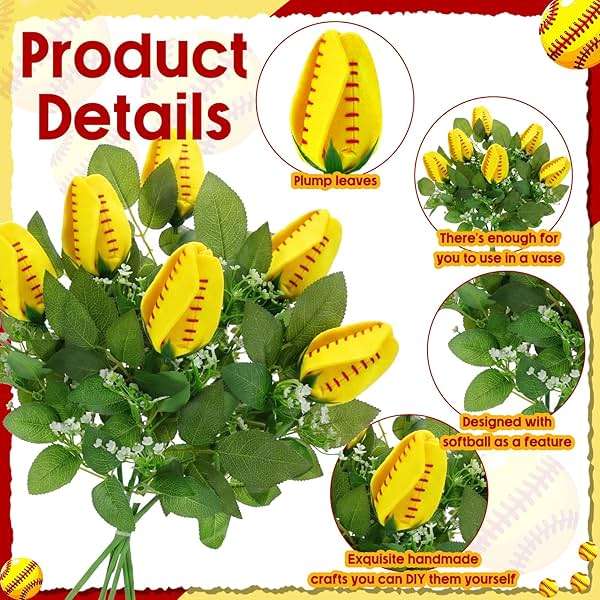 Juinte 12 Pcs Softball Rose with Leaves Bulk Artificial Fake Flower Decor Sports Flower Bouquet Gifts for Table Centerpieces for Coach Team Player Fans Sports Theme Party Favors - Image 4