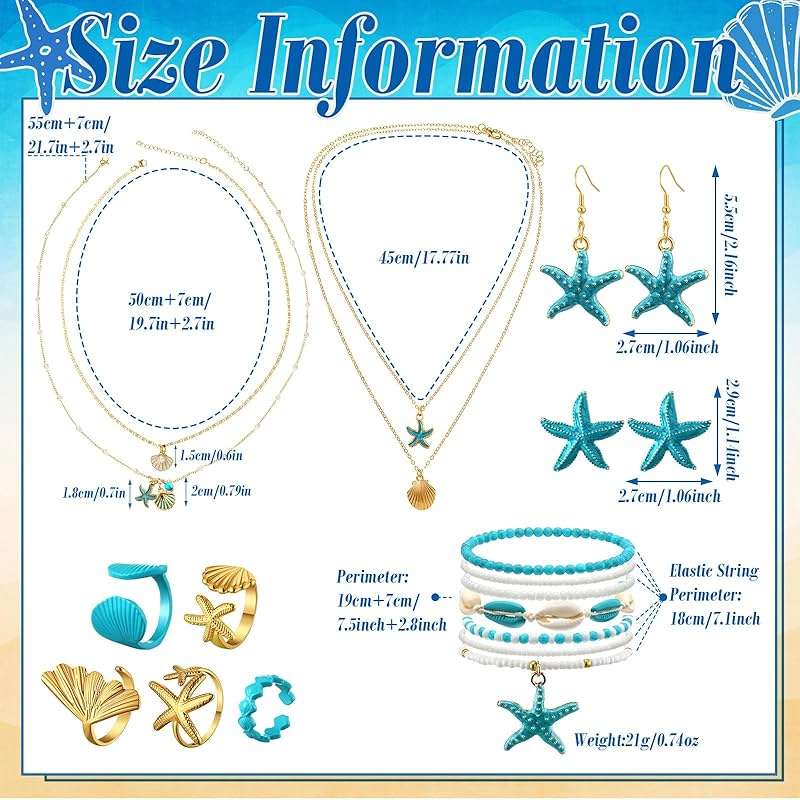 Tondiamo 18 Pcs Seashell Starfish Jewelry Set for Women Seashell Earrings Rings Boho Layer Charm Necklace Summer Beach Bracelets Natural White Anklet for Summer Holiday Vacation Accessories - Image 5