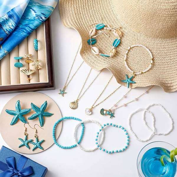 Tondiamo 18 Pcs Seashell Starfish Jewelry Set for Women Seashell Earrings Rings Boho Layer Charm Necklace Summer Beach Bracelets Natural White Anklet for Summer Holiday Vacation Accessories - Image 7