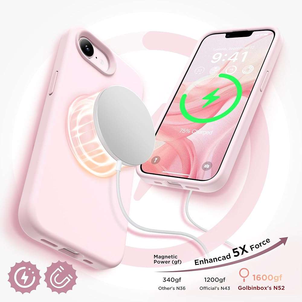 GolbinBox Magnetic for iPhone 17e Case & iPhone 16e Case, Compatible with MagSafe, [Soft Anti-Scratch Microfiber Lining], Slim Liquid Silicone Shockproof Protective Phone Case 6.1 inch, Chalk Pink - Image 3