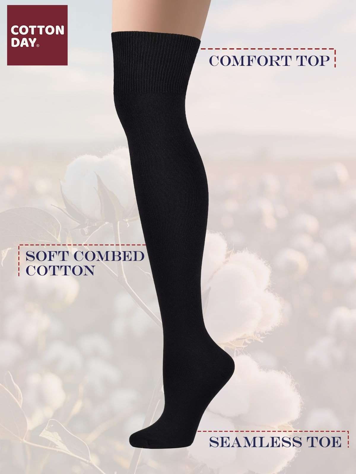 COTTON DAY Women's Cotton Thigh High Over Knee Socks Extra Long Boot Stockings Leg Warmers Black White Burgundy - Image 4