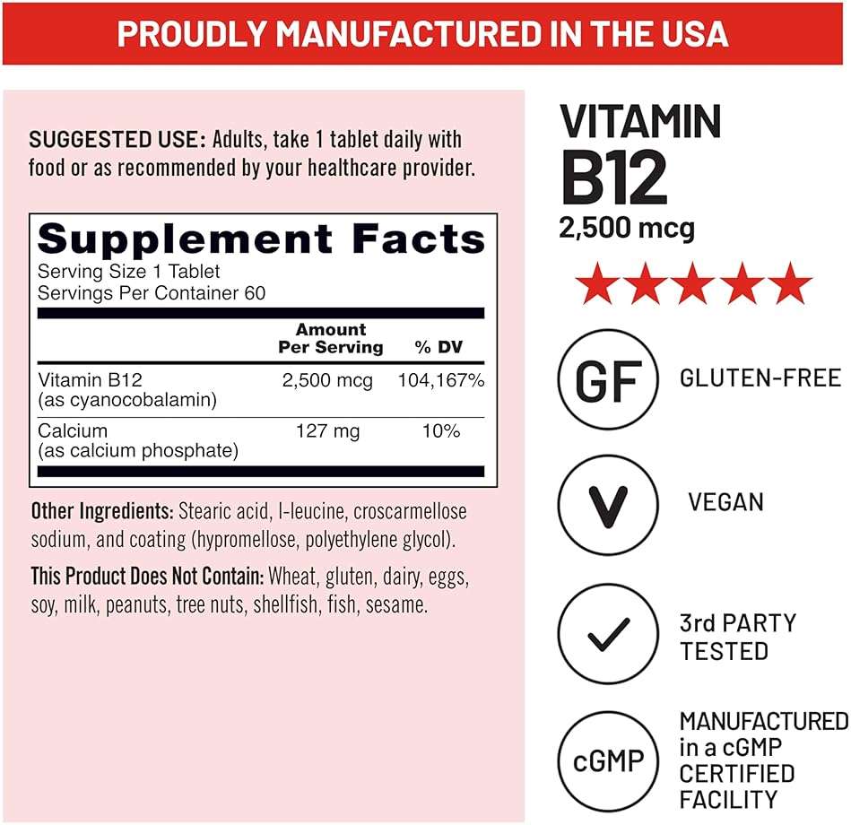 NatureWise Vitamin B12 Extra Strength 2500mcg - B12 Supplement for Energy + Mental Clarity & Nervous System Support - Easy-to-Swallow, Vegan & Non-GMO - USA Manufactured - 60 Tablets[60-Day Supply] - Image 5