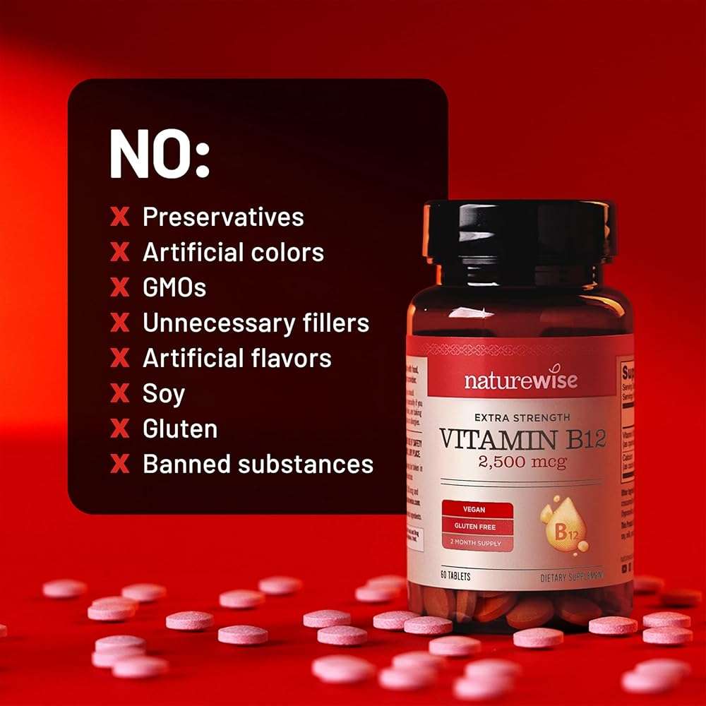 NatureWise Vitamin B12 Extra Strength 2500mcg - B12 Supplement for Energy + Mental Clarity & Nervous System Support - Easy-to-Swallow, Vegan & Non-GMO - USA Manufactured - 60 Tablets[60-Day Supply] - Image 9
