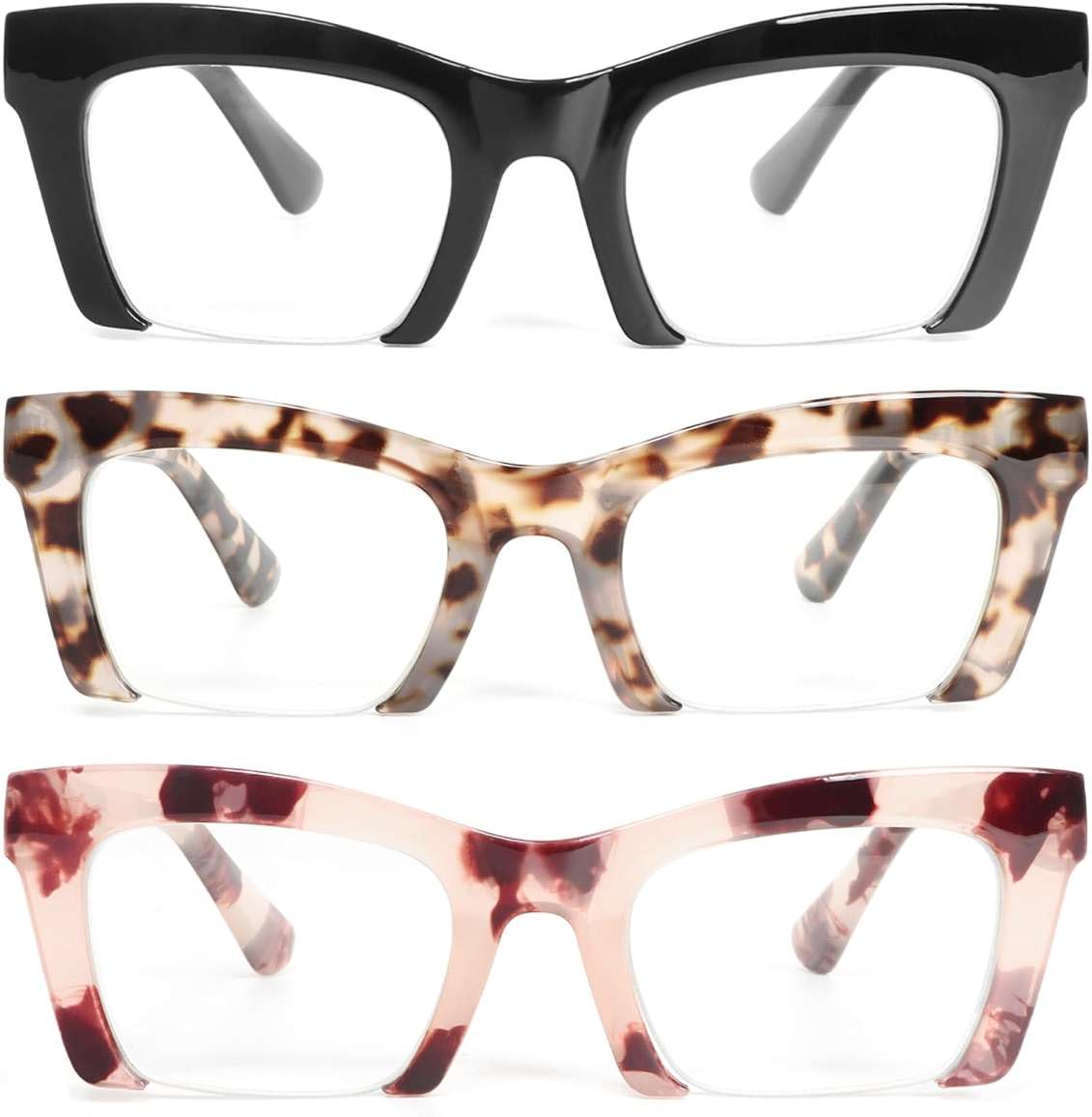 DXYXYO Reading Glasses for Women 3 Pack with Spring Hinge, Blue Light Blocking Readers with Square Thick Half Rimless Frame - Image 1