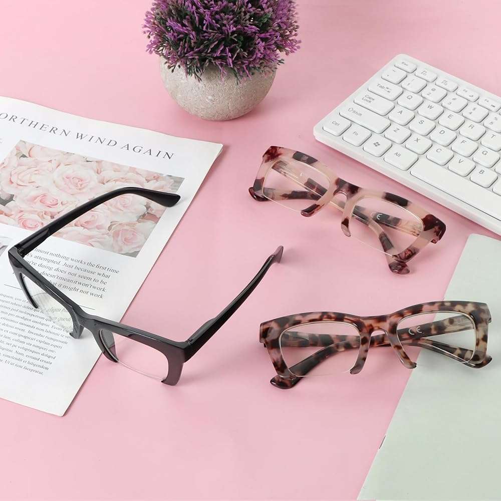 DXYXYO Reading Glasses for Women 3 Pack with Spring Hinge, Blue Light Blocking Readers with Square Thick Half Rimless Frame - Image 6
