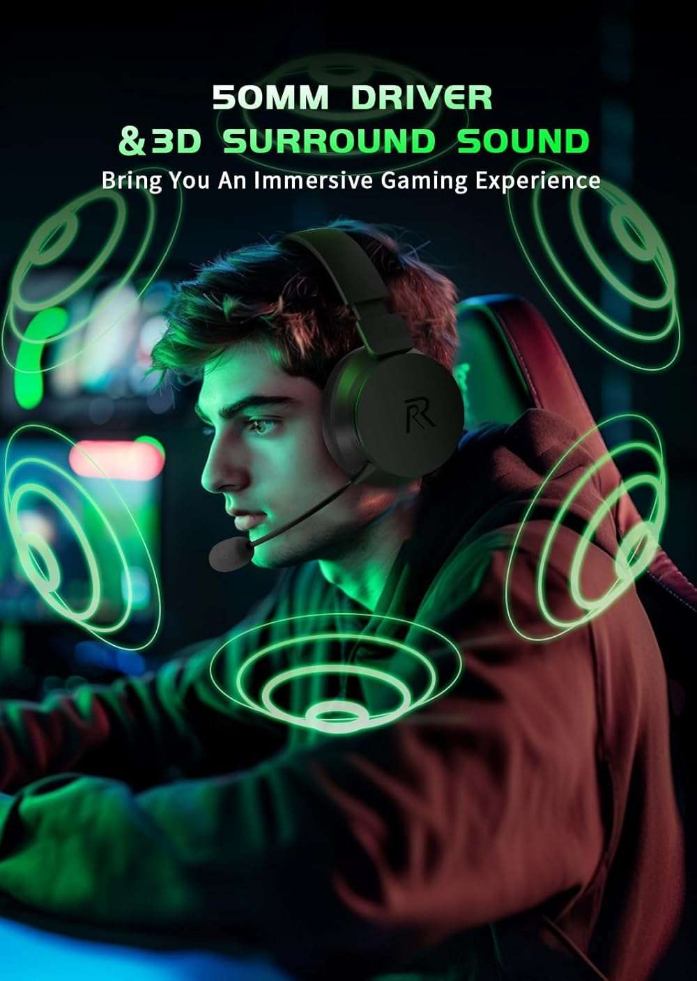 RYR Wireless Gaming Headset for Xbox Series X|S, Xbox One, PS5, PS4, Switch, Mac, Bluetooth 5.3, 3D Surround Sound, Rotatable Earmuffs, Gaming Headphones with Noise Canceling Microphones-Blackgreen - Image 8