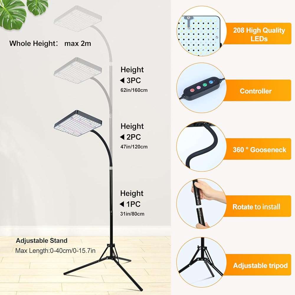 FECiDA 2026 Grow Lights with Upgraded Stand, Standing Grow Lights for Indoor Tall Plants, Bonsai Tree, 4/8/12/16/20 Hr Timer, 25 Watt Power Draw, NO Need Adapter, 24"-76" Height Adjustable - Image 6