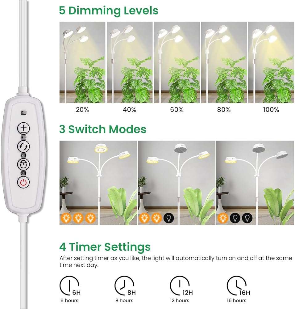 LORDEM Full Spectrum Plant Light for Indoor Growing,Tri-Head Grow Light with Stand for Large Plants,Auto ON/Off Timer 6/8/12/16H, 5 Dimmable Levels, 20-70 inches Adjustable Height - Image 5