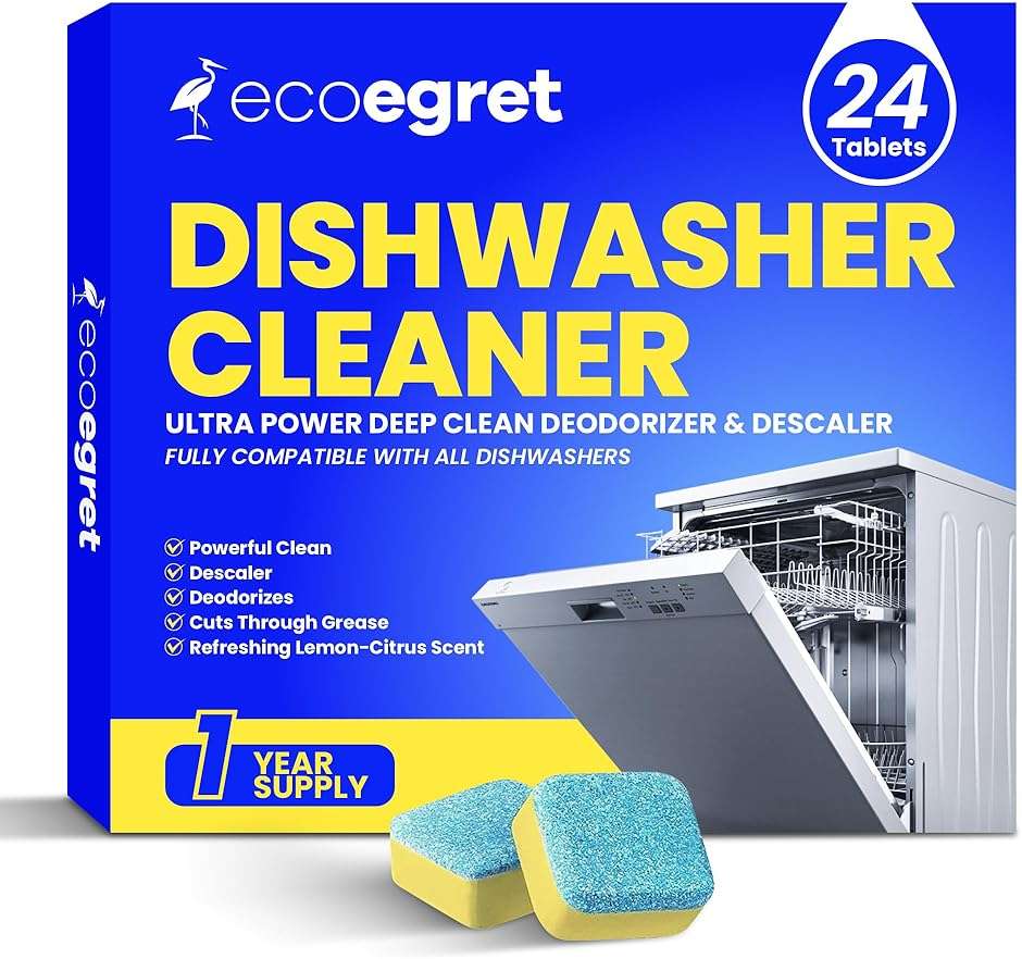 EcoEgret Dishwasher Cleaner Tablets (24 Count) - with Fresh Lemon Scent Dishwasher Cleaner and Deodorizer, Deep Cleans & Descales, Fits All Dishwashers, Septic Safe, 12 Month Supply - Image 1