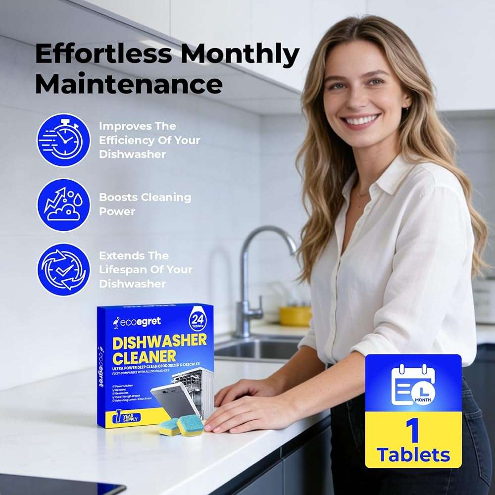 EcoEgret Dishwasher Cleaner Tablets (24 Count) - with Fresh Lemon Scent Dishwasher Cleaner and Deodorizer, Deep Cleans & Descales, Fits All Dishwashers, Septic Safe, 12 Month Supply - Image 6