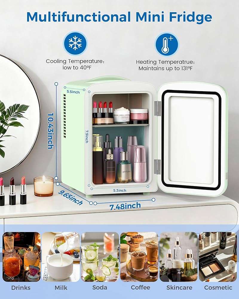 Electactic Mini Fridge for Bedroom, 4L/6 Cans Small Cosmetic Fridge for Skincare, Makeup, Medicine & Beverage, Portable Desk Fridge Cooler and Warmer for Kids, Car, Office, Dorm, Green - Image 2