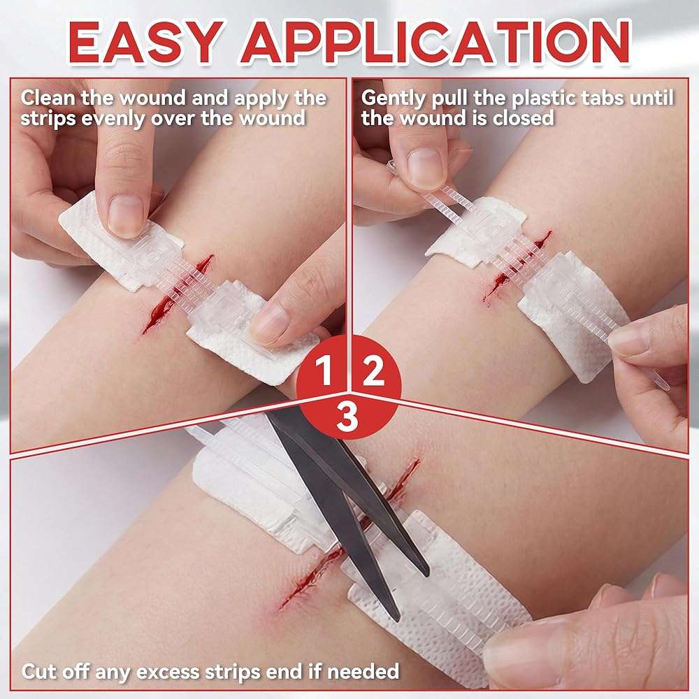 3 PCS Wound Closure Strips for Emergency Laceration & Wound Repair - Zipstitch Sutures - Painless Alternative to Stitches - Butterfly Bandages for Hiking, Camping, Survival & First Aid Kit Essential - Image 3