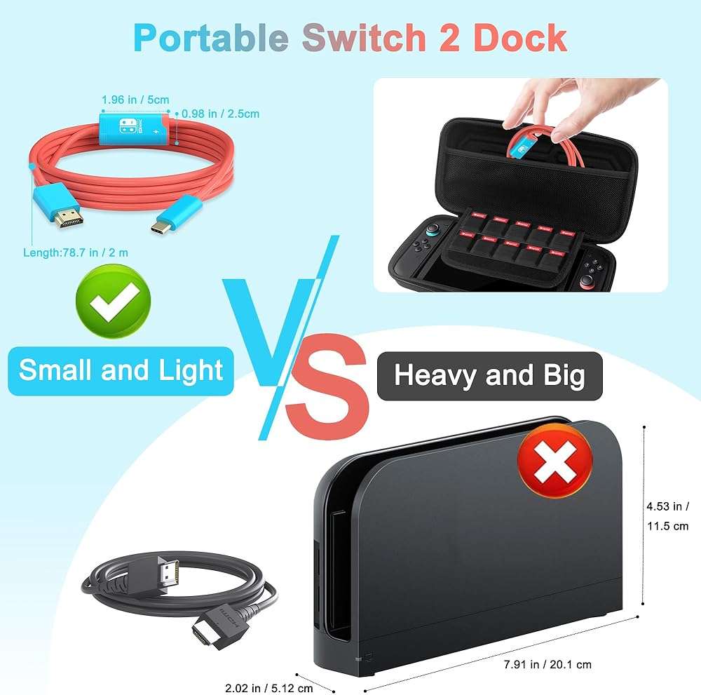 Switch 2 Dock,(Plug-and-Play) 4K@60HZ 6.6 ft,USB C to HDMI Replacement Cable for Nintendo Switch Dock,Portable Travel TV Base Adapter ＆ Travel NS2 Docking Station Cord Compatible with Nintendo Switch - Image 3