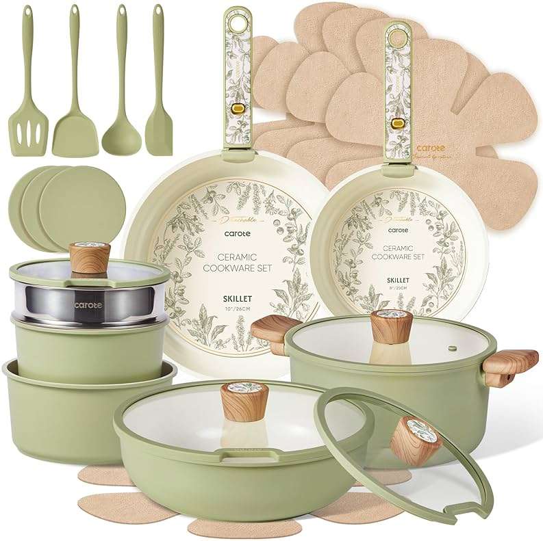 CAROTE 25-Piece Ceramic Cookware Set, Nonstick Pots and Pans Set with Detachable Handle, Non-Toxic Kitchen Cooking Set, Dishwasher & Oven Safe, Induction Compatible, PFAS Free - Image 1