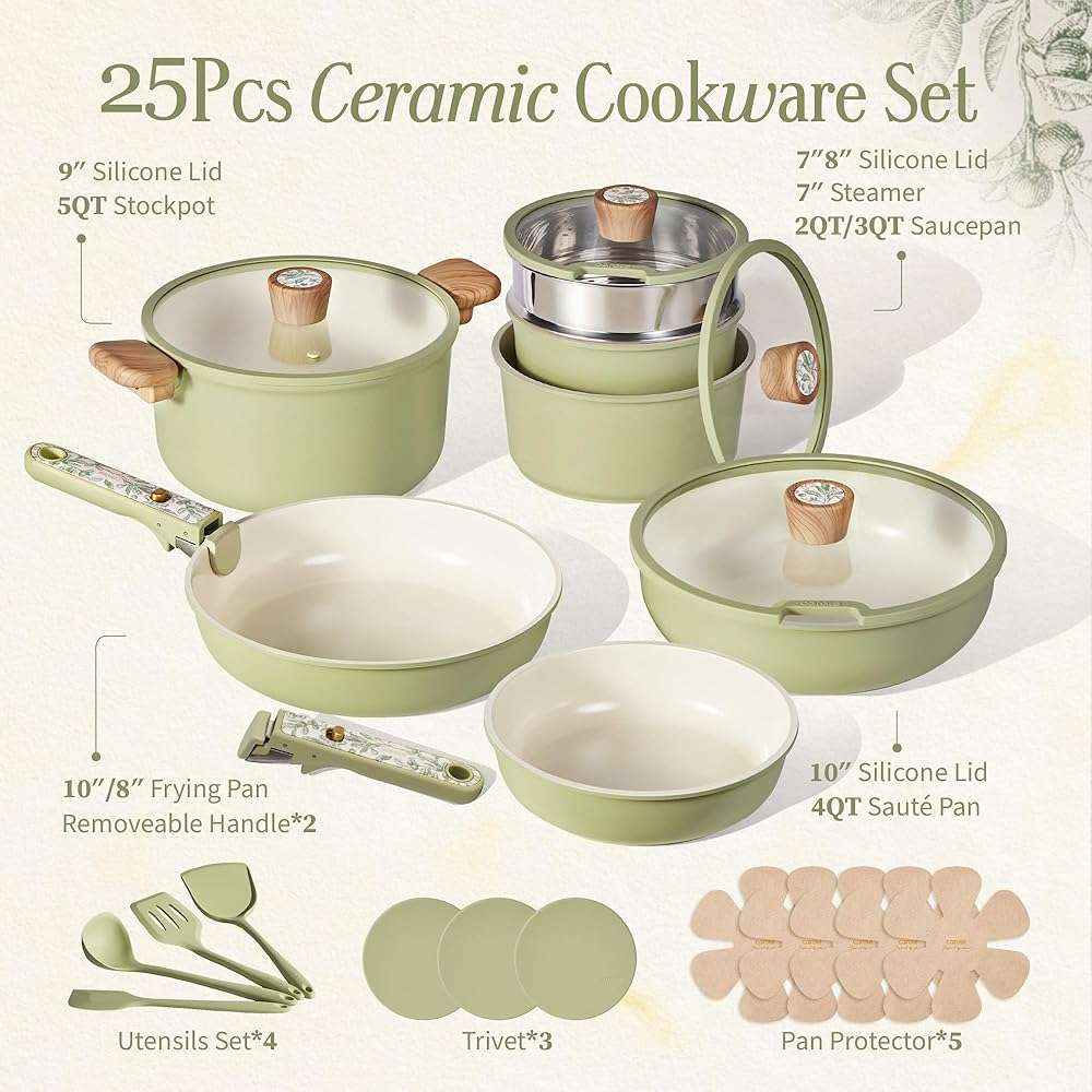 CAROTE 25-Piece Ceramic Cookware Set, Nonstick Pots and Pans Set with Detachable Handle, Non-Toxic Kitchen Cooking Set, Dishwasher & Oven Safe, Induction Compatible, PFAS Free - Image 3