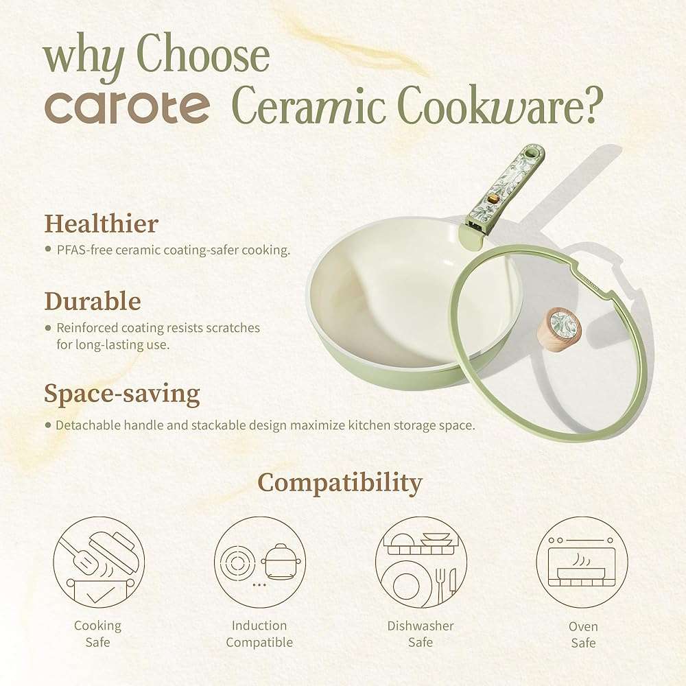 CAROTE 25-Piece Ceramic Cookware Set, Nonstick Pots and Pans Set with Detachable Handle, Non-Toxic Kitchen Cooking Set, Dishwasher & Oven Safe, Induction Compatible, PFAS Free - Image 8