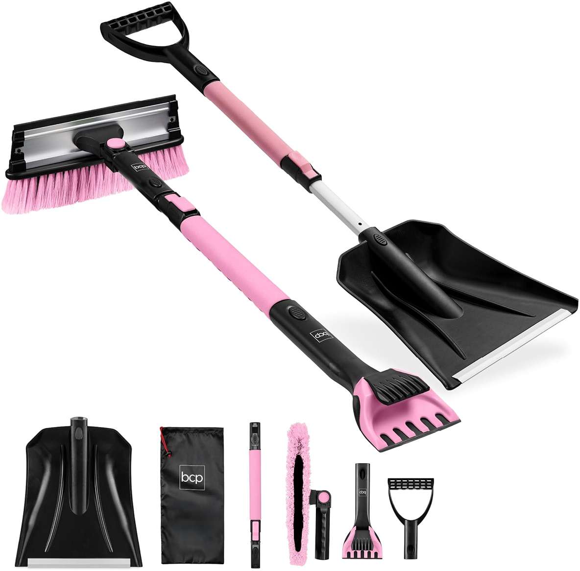 Best Choice Products 4 in 1 Snow Brush with Shovel, Squeegee & Ice Scraper, Up to 39" Extendable Foam Grip, 270° Pivoting Snow Brush for Car Truck SUV, Storage Bag Included - Pink - Image 1