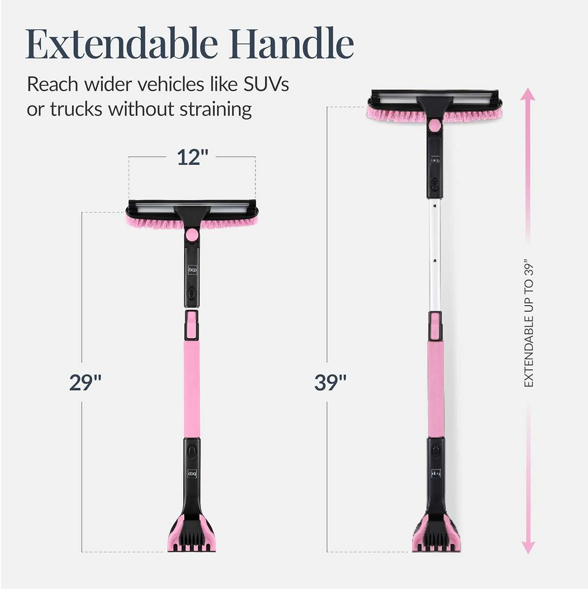 Best Choice Products 4 in 1 Snow Brush with Shovel, Squeegee & Ice Scraper, Up to 39" Extendable Foam Grip, 270° Pivoting Snow Brush for Car Truck SUV, Storage Bag Included - Pink - Image 2