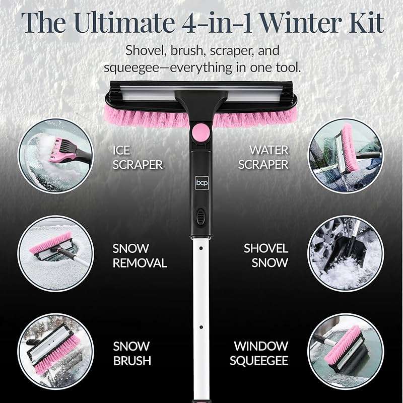 Best Choice Products 4 in 1 Snow Brush with Shovel, Squeegee & Ice Scraper, Up to 39" Extendable Foam Grip, 270° Pivoting Snow Brush for Car Truck SUV, Storage Bag Included - Pink - Image 4