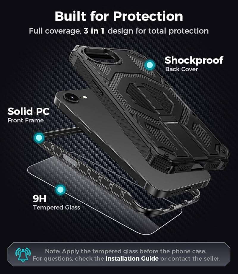 Magnetic for iPhone 17e Case/iPhone 16e Case with Screen Protector & Invisible Kickstand, [Compatible with MagSafe] 3-in-1 Full Body Military Grade Heavy Duty Phone Cover for iPhone 17 E/16 E, Black - Image 3