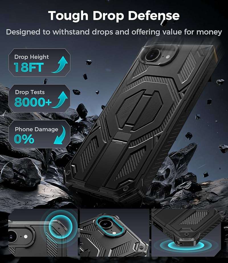 Magnetic for iPhone 17e Case/iPhone 16e Case with Screen Protector & Invisible Kickstand, [Compatible with MagSafe] 3-in-1 Full Body Military Grade Heavy Duty Phone Cover for iPhone 17 E/16 E, Black - Image 4