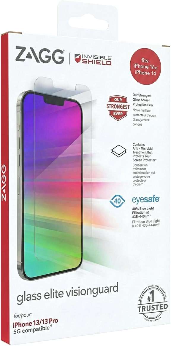 ZAGG Glass Elite Screen Protector for iPhone 17e, iPhone 14/16e/13/13 Pro - 5X Stronger Tempered Glass, Scratch & Smudge-Resistant, VisionGuard Blue-Light Protection, InvisibleShield, Easy to Install - Image 1
