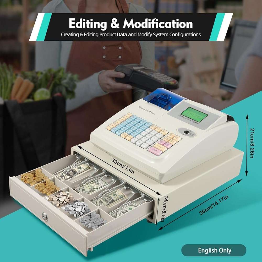 WENBINGSHOP Cash Register for Small Businesses, Electonric caja registradora para negocio with 3Method/200Dept/10000Items/ /50Clerks/9Vat Rate Setting,Supports Scanner Scale External Printer(White) - Image 7