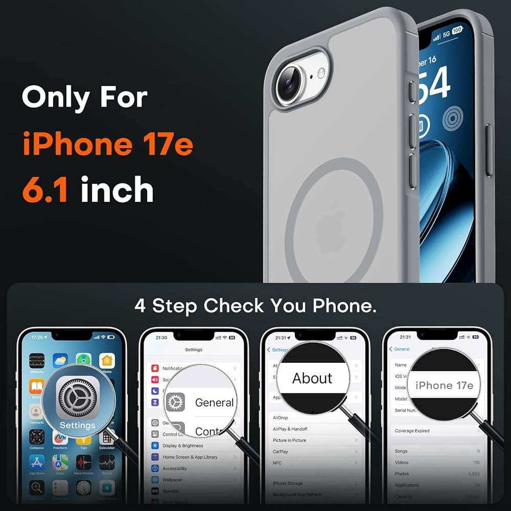 TOCOL for iPhone 17e Case, Compatible with Magsafe, Military Drop Protection, Slim Translucent Matte Shockproof for iPhone 17 e Case 6.1 inch (Grey) - Image 2