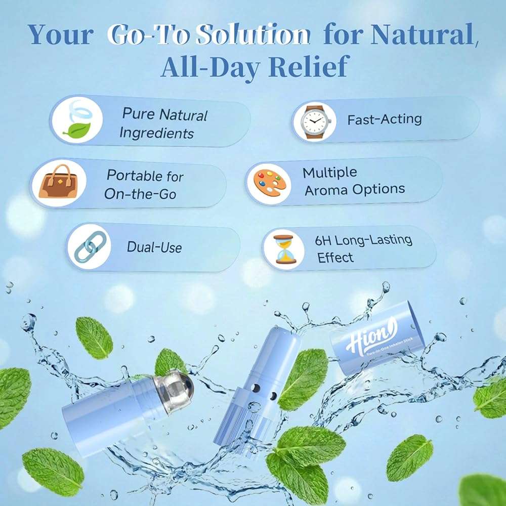 Hion Nausea Relief Inhaler 100% Natural Essential Oil,Dual-Use for Motion Sickness,Morning Sickness,Sea Sickness and Stress with Fast-Acting Relief,Mint,1 Pcs - Image 2